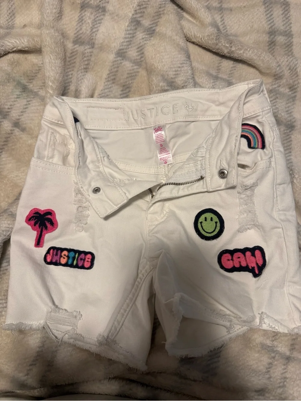 Justice White Denim Shorts with Colorful Patch Embellishments